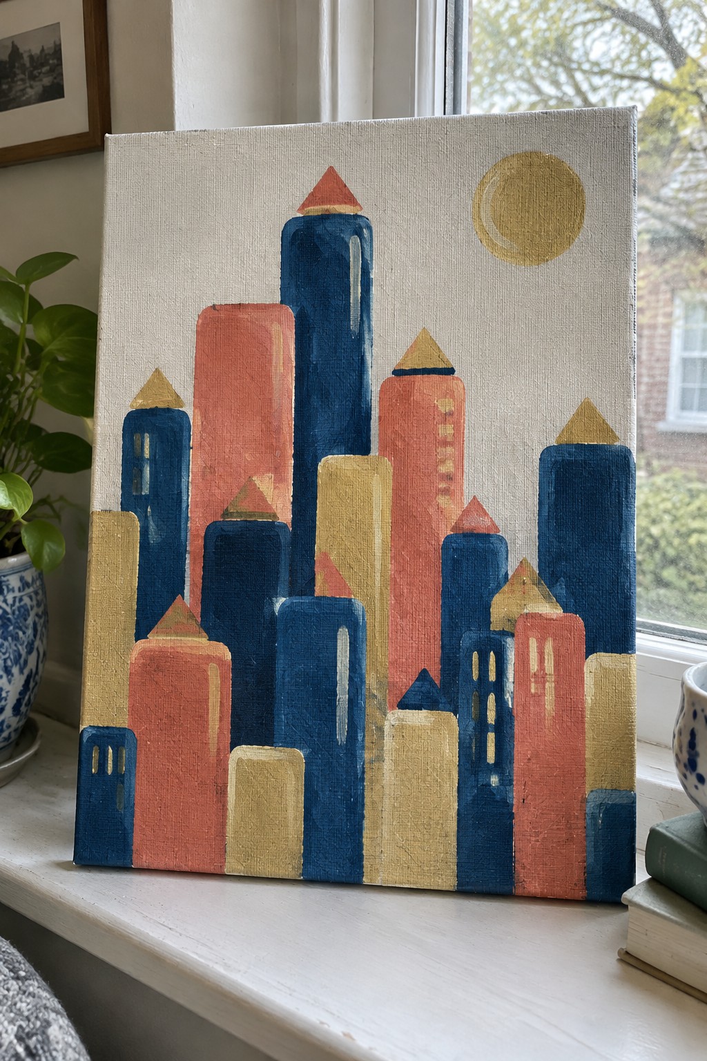 Abstract cityscape painting with blue, red, and yellow buildings under a golden sun on windowsill