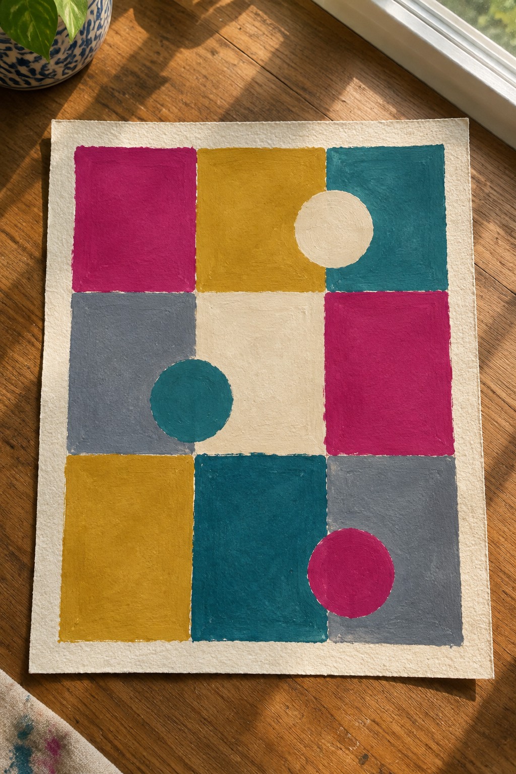 Geometric abstract painting with magenta, yellow, teal, gray squares and circles
