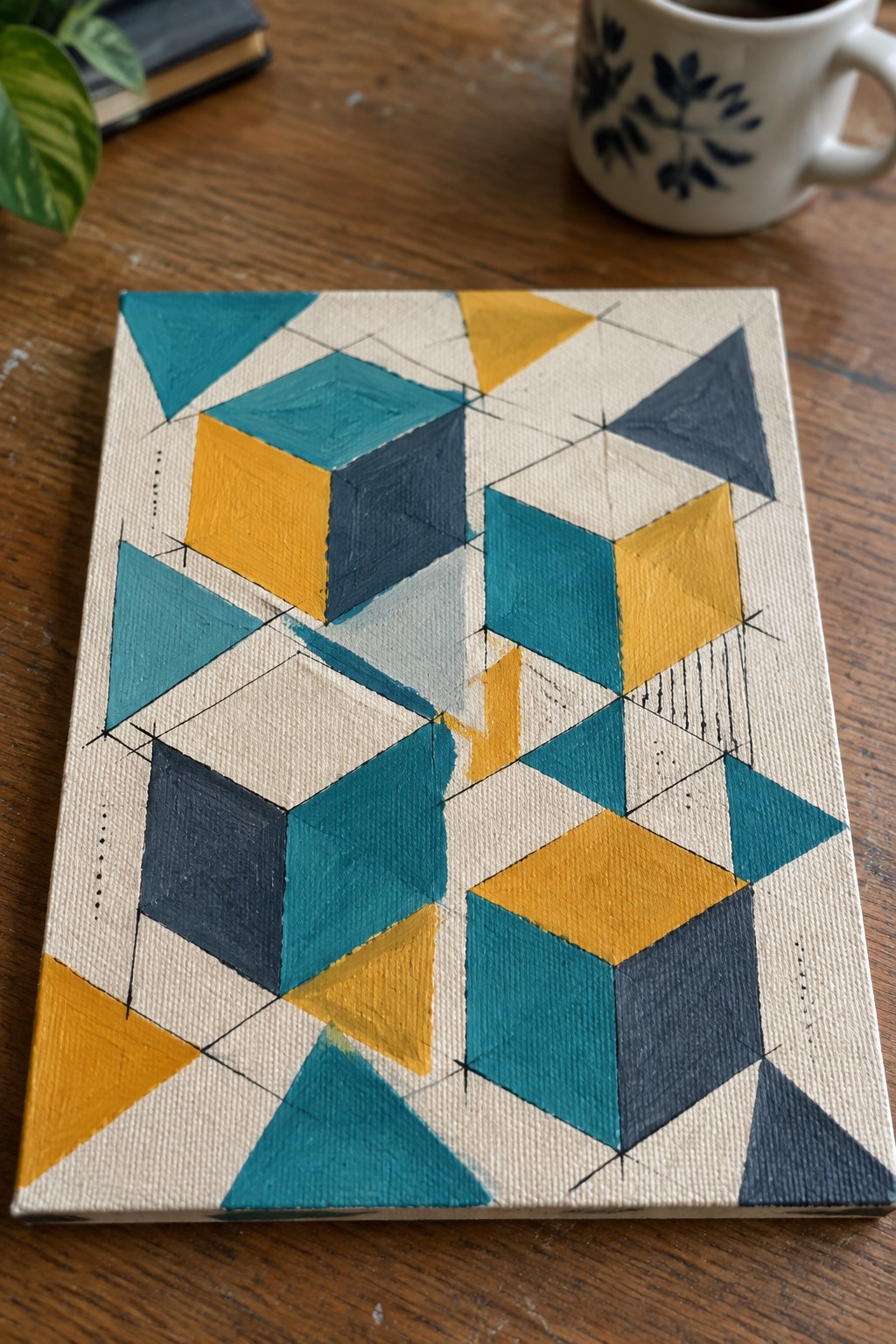 Geometric painting with teal, yellow, and navy shapes on canvas beside floral mug
