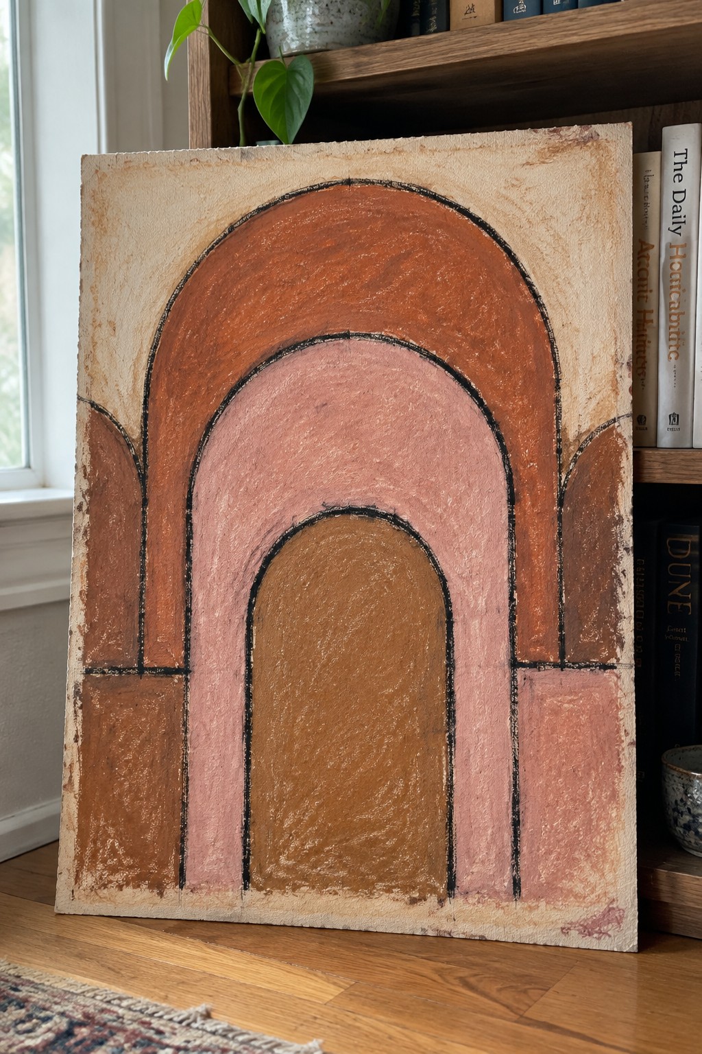 Abstract painting of nested arches in terracotta, pink, and brown against bookshelf