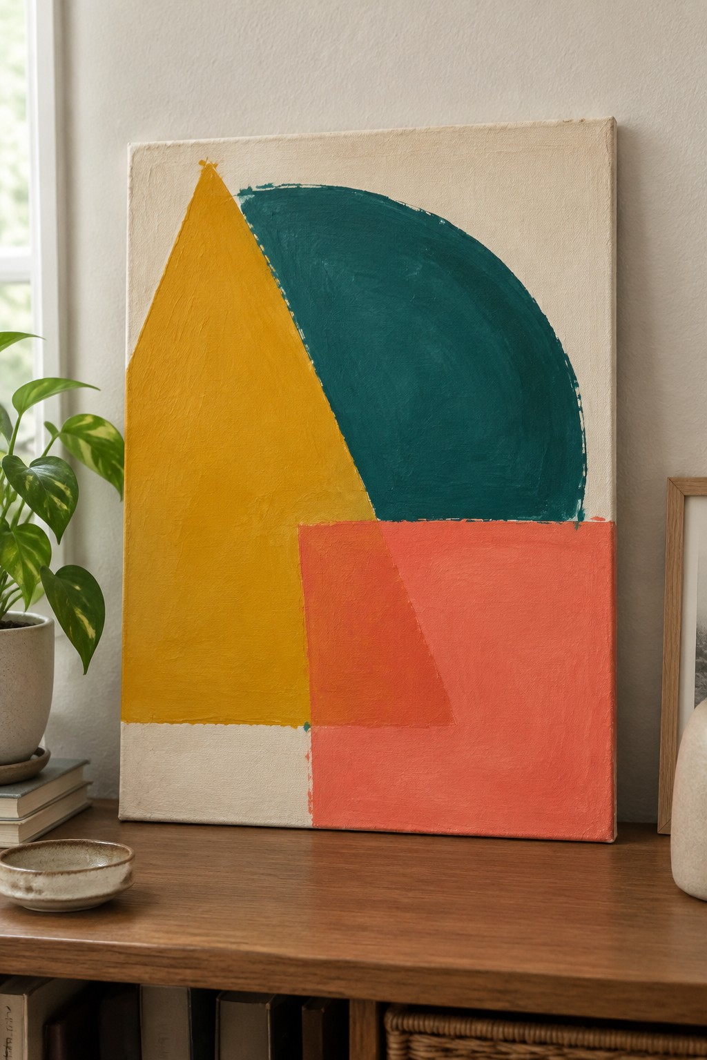 Abstract painting with yellow triangle, teal curve, and coral rectangles on beige canvas