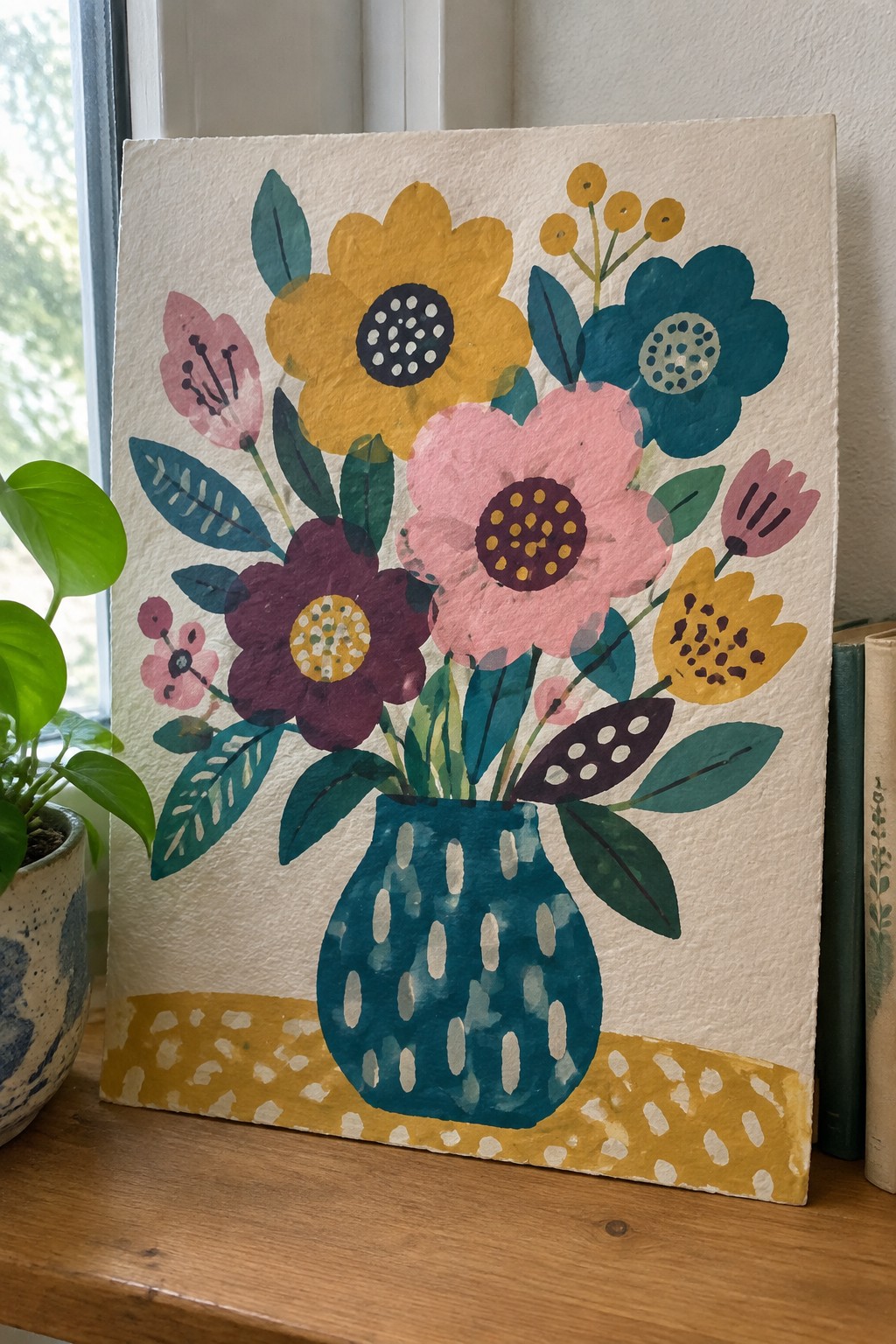 Vibrant floral painting of colorful blooms in a speckled blue vase on yellow.
