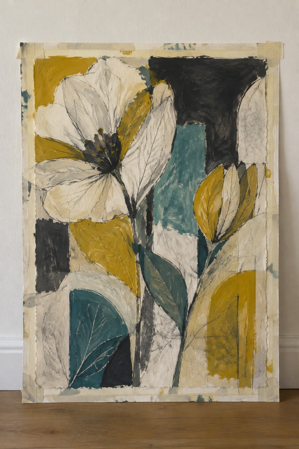 Abstract floral collage with white blooms, yellow accents, teal leaves, and black shapes