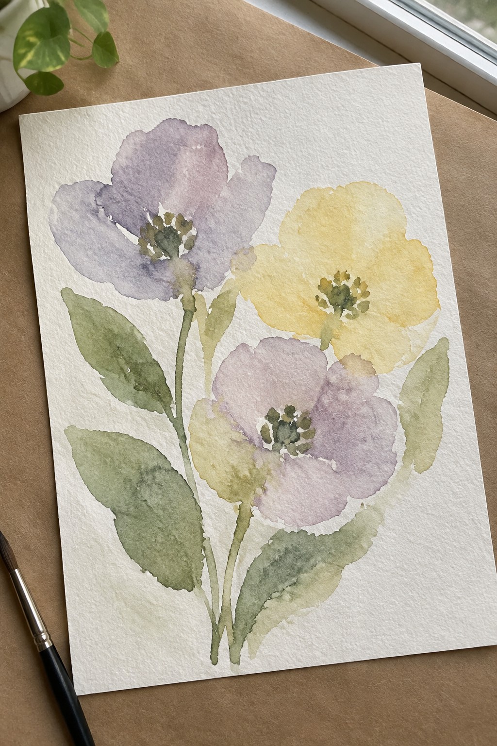 Watercolor painting of purple and yellow flowers with green leaves beside a paintbrush