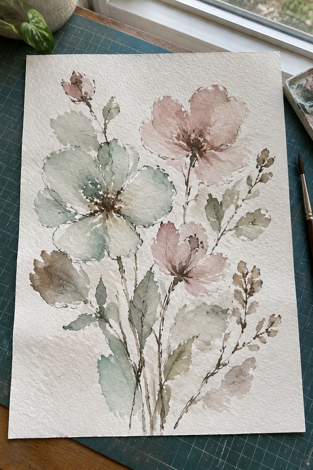 Watercolor painting of soft pink and green flowers on white paper with paintbrush nearby