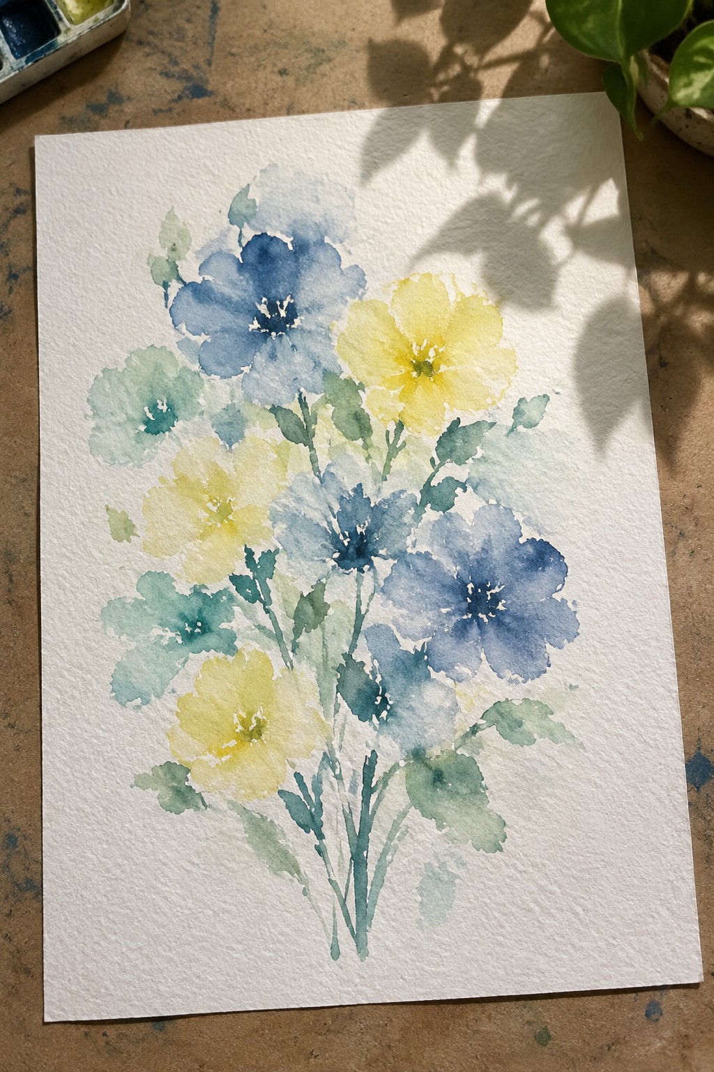 Watercolor painting of blue and yellow flowers with green leaves on white paper.