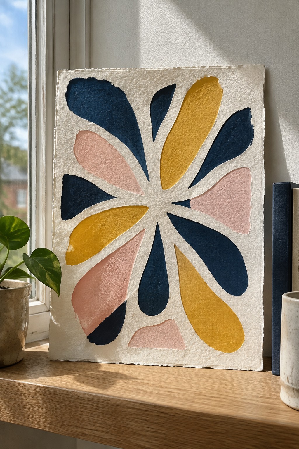 Abstract floral artwork in navy, gold, and blush on textured paper by sunny window