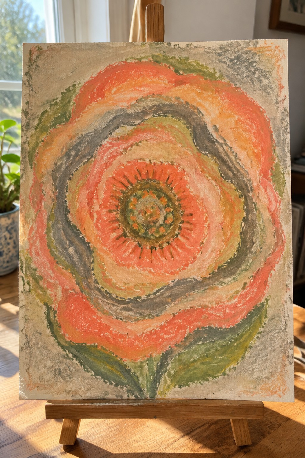 Square abstract painting of a flower with swirling coral and orange petals around a textured green-orange center on a wooden easel.