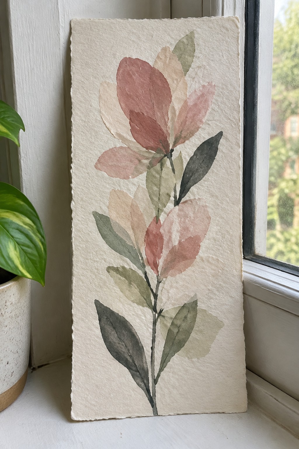 Watercolor painting of leafy branch in soft red, pink, and green tones on textured paper